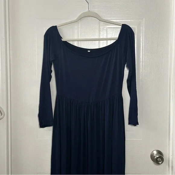 Stretchy Navy Off Shoulder Long Sleeve Maxi Dress Maternity Friendly Size L - Picture 2 of 10